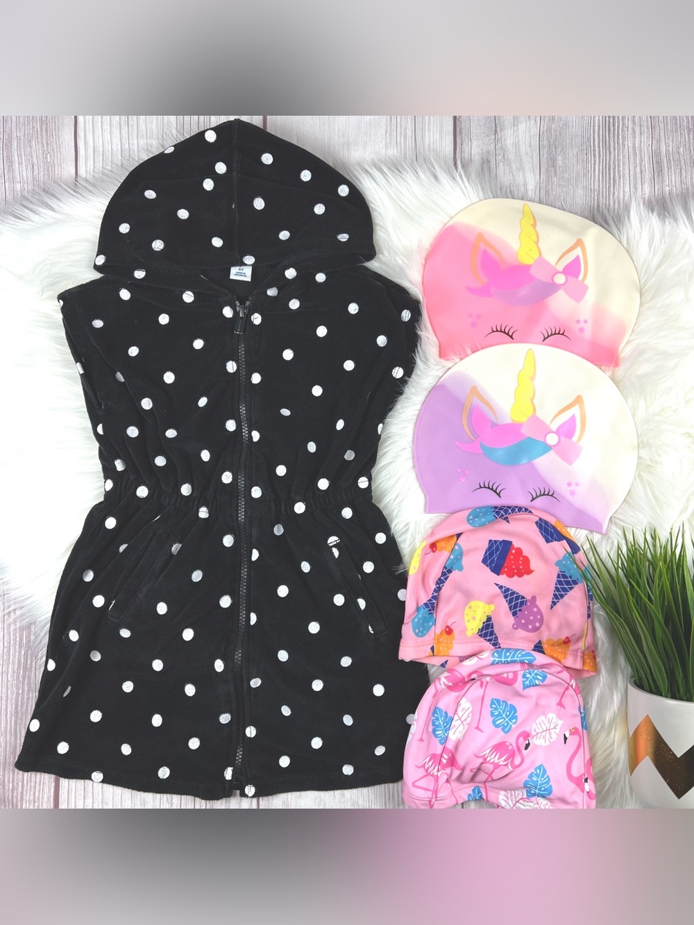 Old Navy Girls 5T Swim Cover Up + Swim Caps Bundle Flamingo Ice Cream 5pc Set